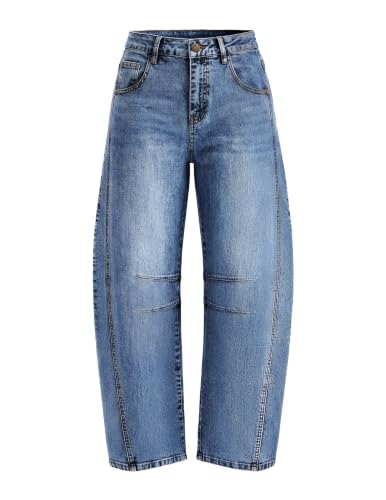 ZESICA Womens Barrel Jeans for Women Trendy 2026 High Waisted Wide Leg Stretchy Baggy Ankle Denim Pants with Pockets Mid Blue Medium