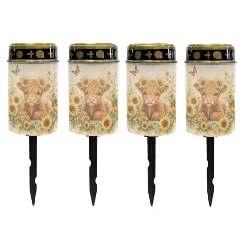 Image of Poceacles Solar Lights Outdoor Waterproof Grave Lights for Cemetery LED Flameless Candle Cemetery Solar Pillar Candles Outdoor Decor, Highland Cow Sunflower Butterfly, Set of 4
