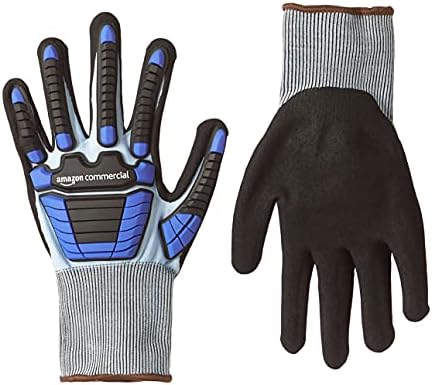 AmazonCommercial 18G Goldsilk & Sandy Nitrile Gloves with Impact Protection on Back (Blue/Black), Size L, 1-Pair