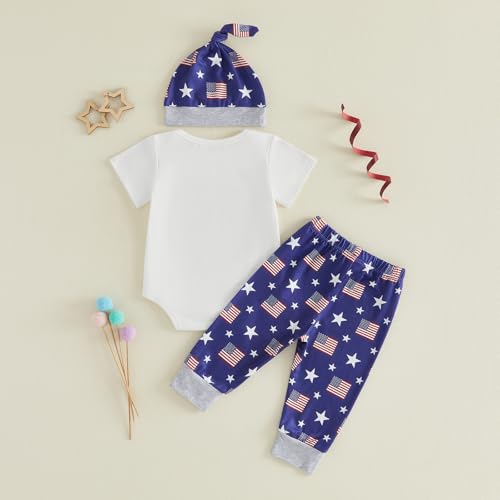 Image of FIOMVA My First 4th of July Outfit Baby Boy Car American Flag Romper Onesie Star Flag Pants Hat Set Fourth of July Clothes
