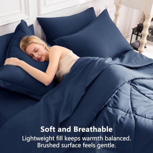 Image of CozyLux Queen Comforter Set Navy Blue - Bed in a Bag Queen Size 7 Pieces, Luxury Soft Bed Set for All Seasons, Bedding Set with Down Alternative Comforter, Sheets, Pillowcases & Shams