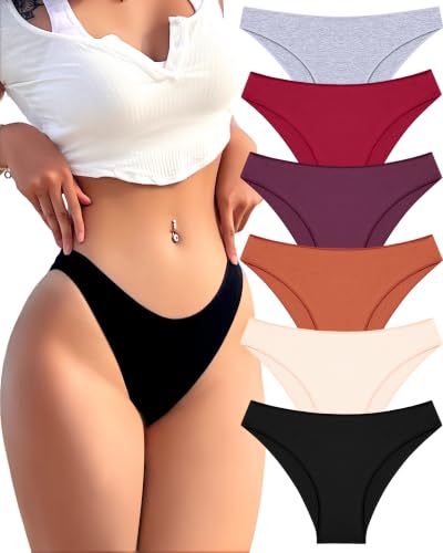 Image of FINETOO 6 Pack Cotton Underwear for Women Cute Low Rise Bikini Panties High Cut Breathable Sexy Hipster Womens Cheeky S-3XL