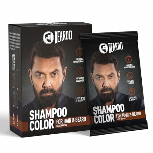 Image of BEARDO Beard & Hair Shampoo Color | Natural Brown | 100% Grey Coverage | 5 Minute Hair Colour | Ammonia Free | With Natural Actives | No Stain Beard Colour | 20ml X 5