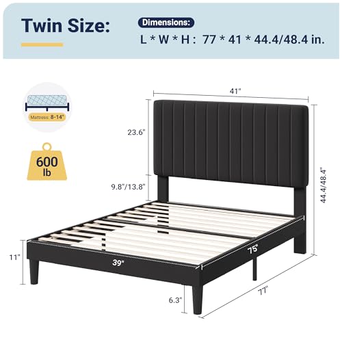 Image of Allewie Twin Bed Frame, Velvet Upholstered Platform Bed with Adjustable Vertical Channel Tufted Headboard, Mattress Foundation with Strong Wooden Slats, Box Spring Optional, Easy Assembly, Black