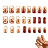 UZYXC 24 Stück Press On Nägel, Kurze Quadratische Nail Sticker, Herbst Oktoberfest Design, Braun Glitzer, Französisch Stil, Für Frauen, Maniküre, Party, Bierfest, Selbstklebend, Elegant