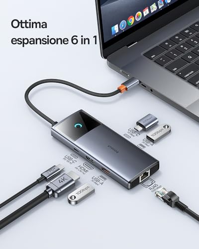 Hub USB C 10Gbps Adattatore USB 3.2 con Gigabit Ethernet, 4K@60Hz HDMI, 2 USB-A, USB-C, 100W PD, 6 in 1 Docking Station per iPhone 15, Computer per MacBook/Surface/Dell/iPad/Steam Deck/Samsung - Hub USB - Immagine 1