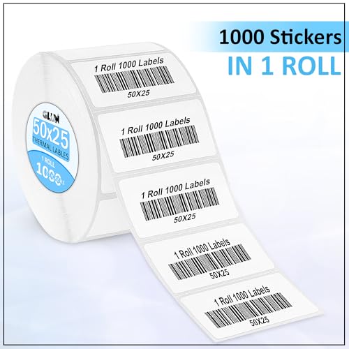 Image of GLUN Direct Thermal Label Roll 50x25mm 1000 White Self-Adhesive Stickers, Smooth Surface Barcode & Price Tag Labels for Mini Thermal Printers