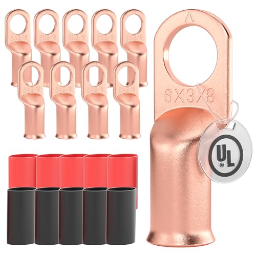 AIRIC 10 PCS UL Listed 6 AWG - 3-8 Battery Cable Lugs, Heat Shrink Ring Terminals End, Copper Cable Ends, Wiring Connector Terminal, Electrical Crimp Connectors, Wire Lug for 6 Gauge Wires