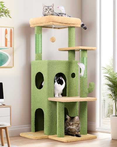Image of Globlazer Cactus Cat Tree Tower for Indoor Cats, 50-inch Adult Cat Tree House for Large Adult Cats with Steps, Scratching Post, 2 Cat Caves, Dangling Toys, FC50, Green