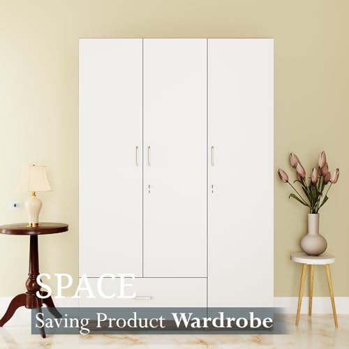 Image of VIKI Wardrobe |Wooden Almirah for 3 Door Wardrobe with 1 Drawer & Hanging Space (Walnut |White - 40D x 120W x 180.8H) | 1 Year Warranty | Free Assembly