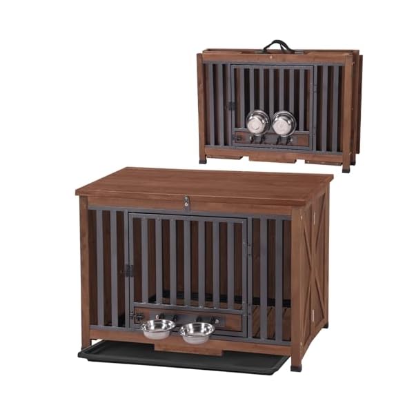 Folding dog crate furniture wooden dog crate end table with 360rotatable removable dog bowls tray modern kennel for dogs indoor for small medium dogs portable  urban country home decor
