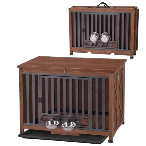 Folding Dog Crate Furniture Wooden Dog Crate End Table with 360Rotatable Removable Dog Bowls Tray Modern Kennel for Dogs Indoor for Small Medium Dogs Portable