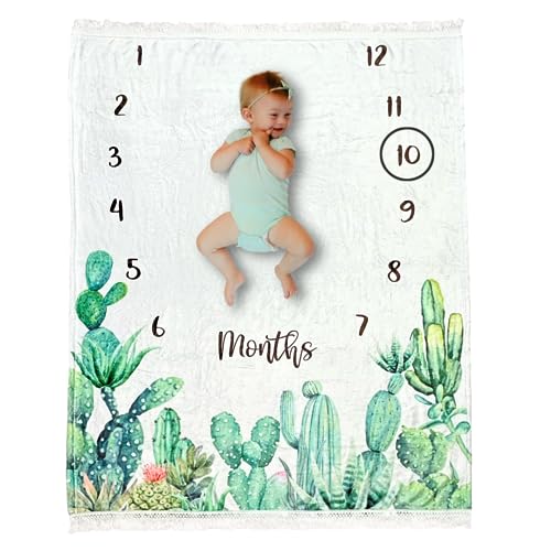 Image of Baby Milestone Blanket - Gender Neutral Monthly Photo Blanket Growth Chart - Newborn To 12 Months Photo Props Baby Blanket - Perfect Boy Or Girl Boho Baby Shower Registry Gifts With Fringe 45" X 53"