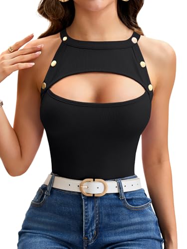 Vrtige Women's Cut Out Crewneck Ribbed Knit Sleeveless Slim Fit Tank Top Shirt