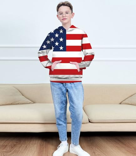 Image of Kid Hoodies Red White Sweatshirts for Boys Hooded Sweater USA Flag Pullover Size 14-16 Years Teens Bright Long Sleeve Shirts