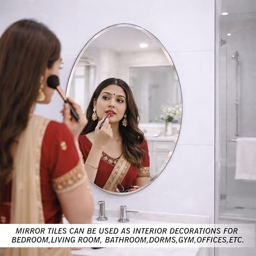 Image of Rousrie Frameless Wall Mirror for Bathroom, Glass, Modern, Clear, Rectangle, 60 x 45 Centimeters, Wall Mount (1, Oval)