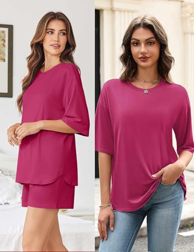 Image of Ekouaer Women's Two Piece Lounge Set Oversized Boxy T-shirt Casual Short Sets Summer Travel Matching Set 2026 Fashion