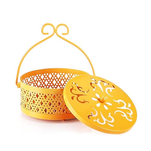Iron Mosquito Coil Holder, Round Fireproof Metal Incense Coil Holder, Retro Portable Hanging Incense Coil Holder with Lid and Handle, Suitable for Home, Camping and OfficeUse (Yellow)