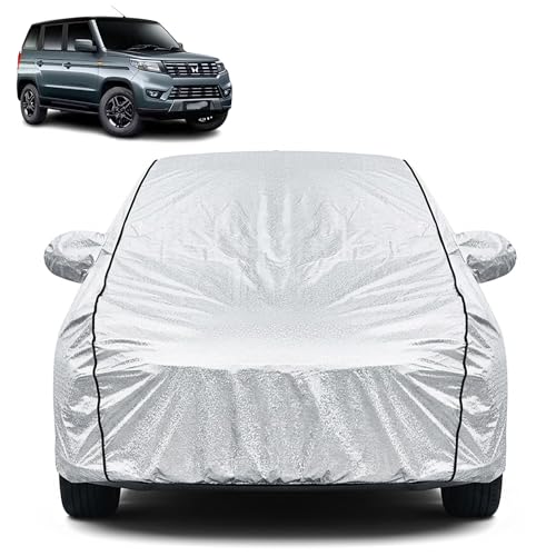 Image of Waterproof Car Cover for Mahindra Bolero Neo | Dustproof, UV Resistant & Scratch Protection | Soft Cotton Lining | Triple Stitched | Mirror Pockets & Elastic Fit | Silver
