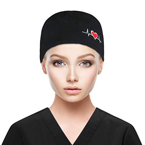 Qba Adjustable Working Cap With Button, Cotton Working Hat Sweatband, Elastic Bandage Tie Back Hats For Women & Men, One Size (Black With Ecg Pt) #TOP1
