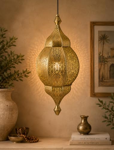 Image of Homesake Moroccan Orb Hanging Lamp Pendant Light for Home Decor|Vintage Ceiling Light Fixture Cutwork Design|Ambient Lighting for Living Room,Bedroom,Dining Room, Ramadan Decorations for Home(Golden)