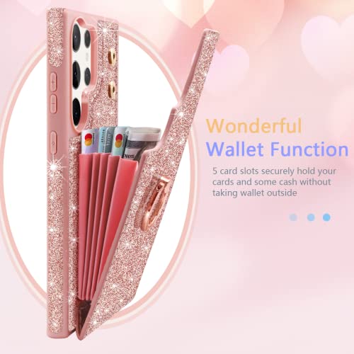 Samsung Galaxy S23 Ultra Case,S23 Ultra Case Wallet,Glitter Sparkle 5 Card Holder Kickstand 360°Rotation Ring with 1xCamera Lens Protector Shockproof Protective Galaxy S23 Ultra Case,6.8Inch,Rose Gold