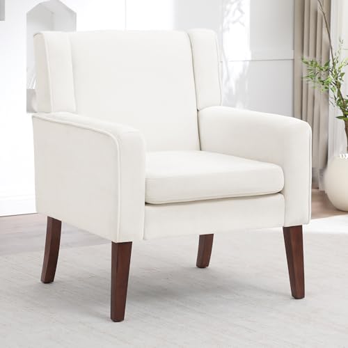 Image of Accent Chairs for Living Room, Mid-Century Reading Chair with Wood Legs, Upholstered Comfy Living Room Chair for Bedroom, Apartment, Waiting Room, Beige