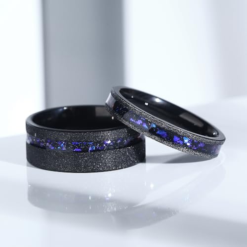 Personalized His and Hers Wedding Bands, Blue Sandstone Black Matching Rings, Galaxy Nebula Wedding Ring Set, Custom Engraved Promise Rings for Couples2