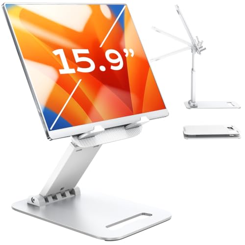 Image of LISEN for iPad Stand Adjustable Tablet Holder Desk, iPad Accessories White | Foldable Home Office Desk Accessories Travel for iPad Holder Dorm College Essentials Fits Ebooks Kindle 4-15.9 inch