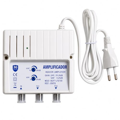 CABLEPELADO Amplificador Vivienda UHF 5G | V/U30 Lte700 | 1 Entrada Tipo F | 2 Salidas Tipo F | Ganancia 30 dB | Tensión Entrada 220v | Apto para Uso Interior