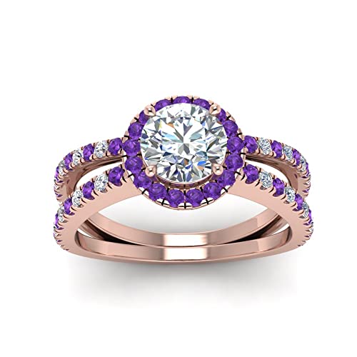 Image of 55Carat Choose Your Gemstone Reverse Split Shank Halo Diamond CZ Ring Rose Gold Plated Round Shape Halo Engagement Rings Matching Jewelry Wedding Jewelry Easy to Wear Gifts US Size 4 to 12