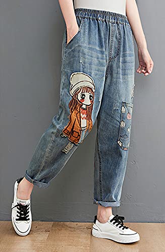 LAI MENG FIVE CATS Women Casual Jeans Denim Loose Pants Elastic Waist with Pocket3