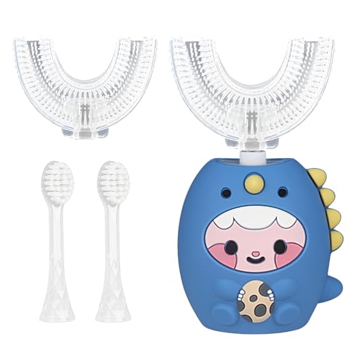 Jonuin Spazzolino Elettrico a Forma di U per Bambini, Spazzolino Sonico con 2 Testine a Forma di U in Silicone e 2 Testine Morbide, 360º, per Bambini e Bambine Dai 2 ai 12 Anni, Dinosauro (Blu2)