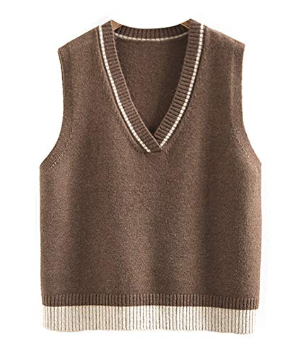 [ワンース] Wansi レディース ニット ベスト トップス セーター v ネック カジュアル チョッキ ブラウン FREE