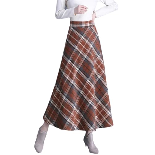 Women's Spring High-Waisted Korean Style Swing Slim-Fit Thickened Midi-Length Wool Plaid Skirt