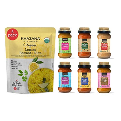 Khazana Organic Ready To Heat Lemon Basmati Rice 6-Pack + Simmer Sauce Variety 6-Pack - Customized Indian Meal Bundle | Non-Gmo, Vegan, Kosher, Gluten Free | Authentic Indian Cuisine #TOP9