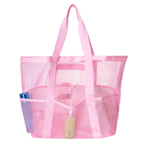 Mesh Beach Bag with Zipper Girls Pink Sandproof Summer Bag Extra Large Pool Bag with 8 Pockets for Vacation