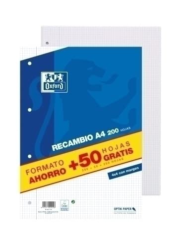 RECAMBIO OXFORD SCHOOL A4 250h (200+50) 90gr 4 TALADROS CUADRIC.4x4 C/MARGEN AZUL. 10 UNIDADES