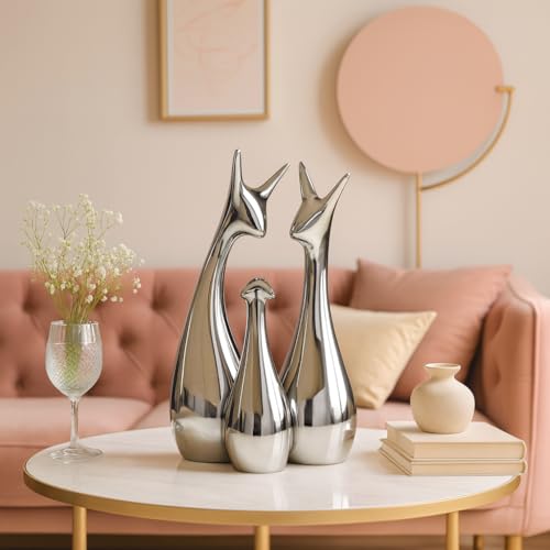 Image of Xtore Home Decor Lucky Silver Deer Statue Family Piano Finish Ceramic Figures - (Set of 3, Silver Set)