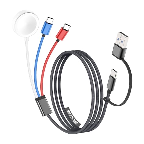 Travel Essentials for Apple Watch Charger, Multi Charging Cable for iPhone Charger, 3 in 2 USB C Cable Cord Compatible with iPhone 17-15 Series/iWatch Ultra/10-1/Galaxy S25-20, iPad-Multicolor, 6FT