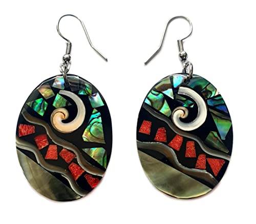Oval Paua Abalone, Red Coral & Mother of Pearl Earrings, Dangle Drop Seashell Fashion Jewelry DA117