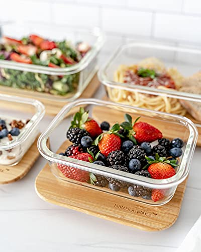 Bambooware Glass Containers With Lids | Non Plastic Glassware Set - Natural Raw Organic Wooden Bamboo Lids | Set Of 4 | Reusable, Bpa Free | Perfect For Meal Prep, Lunch, Leftovers, Kitchen #TOP3