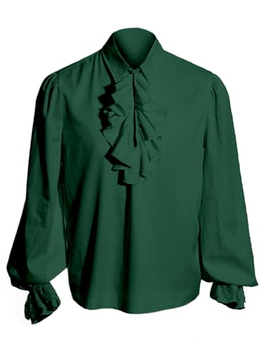 Heyigrow Mens Pirate Shirts, Long Sleeve Ruffled Lace Tops Vampire Cosplay Renaissance Medieval Victorian Polyester Costume(DGreen,XL)