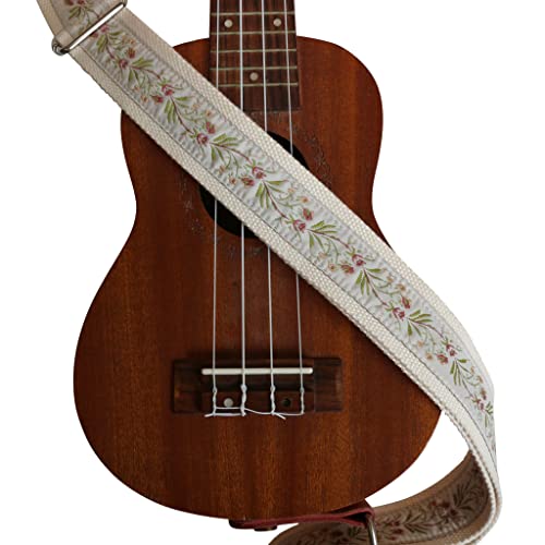 Image of MUSIC FIRST Original Design Vintage Floral Embroidered & Genuine Leather Ukulele Strap Ukulele Shoulder Strap With a MUSIC FIRST Genuine Leather Strap Locker (Creamy White Floral)