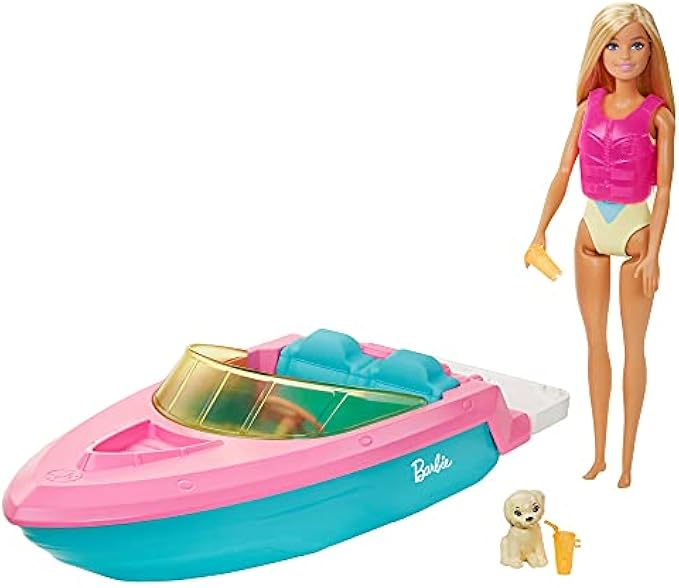 Barbie Doll and Boat Playset with Pet Puppy, Life Vest and Accessories, Fits 3 Dolls & Floats in Water, Gift for 3 to 7 Year Olds