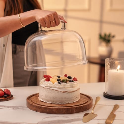 Image of Sweet Vault Acacia Wood Cake Stand with Glass Dome | Multipurpose Serving Cake Plate | Dessert Cupcake Pastry Display Stand | Round Cake Cutting Holder
