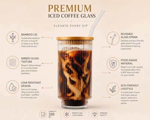 Image of COOLBIT 320ml Glass Sipper with Straw and Lid | Ribbed Glass Tumbler with Bamboo Lid | Reusable Drinking Glass for Coffee, Juice, Smoothie & Cold Drinks
