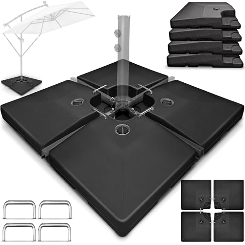 tillvex® Sonnenschirmständer 90 Liter / 120 kg – 4-teilig für Ampelschirm inkl. Metallverbinder | Schirmgewicht befüllbar mit Wasser oder Sand | Schirmständer Ampelschirmständer wetterfest