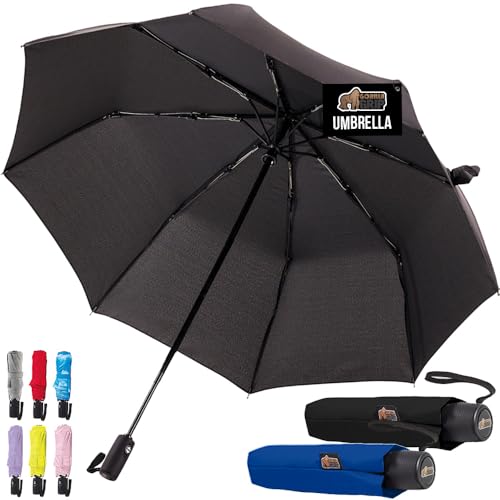 Image of GORILLA GRIP Compact Travel Size Umbrella for Rain, 2 PK, Sleek Design Fits Backpack, Purse and Carry On, Lightweight Under 1lb, One Click Open and Close, Wind Resistant, Waterproof, Black Navy