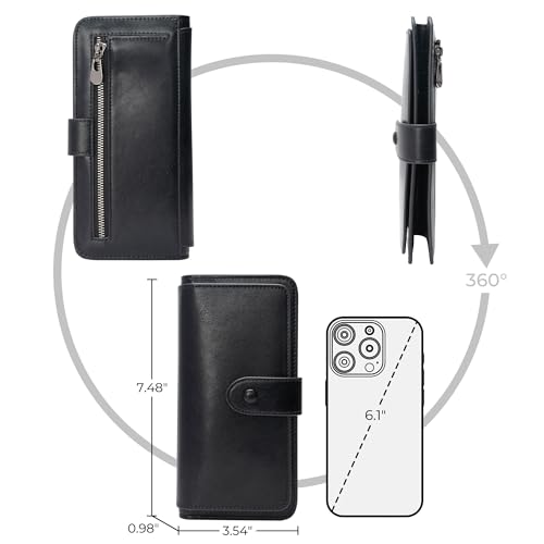 RFID Blocking Leather Wallet for Women, Slim Trifold with 14 Card Slots and Zipper Pocket (Black)4